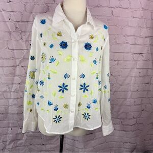 David Brooks Floral Embroidered sheer White  Button-Down Shirt sz (L)